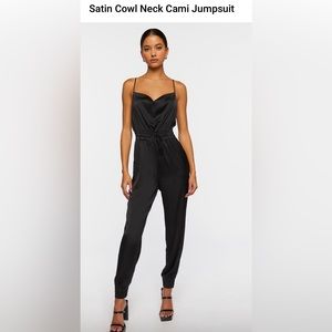NEW. Satin Cowl Neck Jumpsuit. Adjustable straps. Pockets. Black. Size XL.
